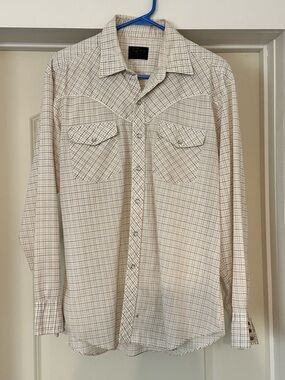Vintage Men's Cream pearl snap Plaid Button-Up Shirt